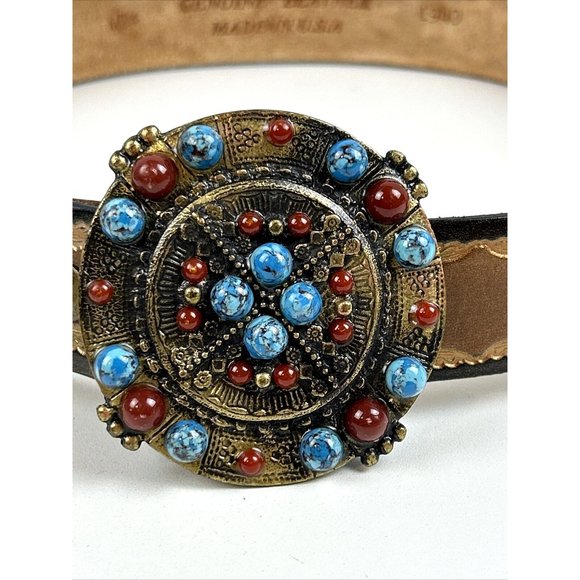 Leatherock Genuine Leather Belt Turquoise Carnelian Faux Cab Embellished USA M34 main image 4